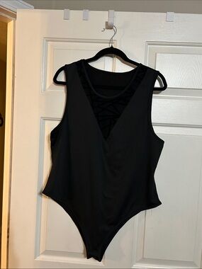 SHEIN Black Sleeveless V-Neck Bodysuit with Strappy Mesh Detail